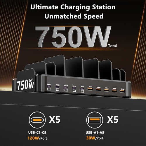 750W Charging Station for Multiple Devices,  10-Port Fast Charger, 5 USB-C 120W Each and 5 USB-A 30W Each, Desktop Charging Hub for Laptop Phone Tablet, Black