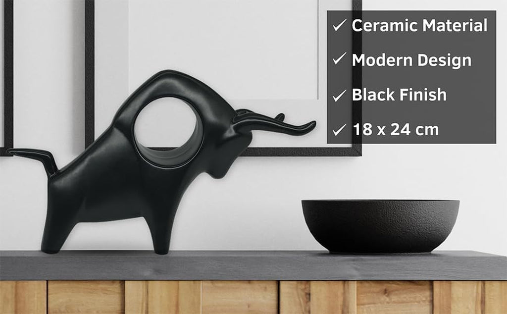 Home Decor Black Bull Statue Ceramic Figures Showpieces for Home Decor - (Black)