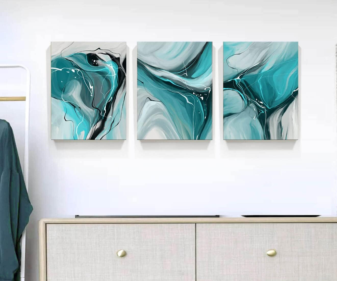 Modern Abstract Wall Art Canvas Prints, 3-Piece Teal and Gray Fluid Art, Contemporary Home Decor Wall Art in the Living Room, Bedroom and Bathroom12X16 Inch/Set of 3