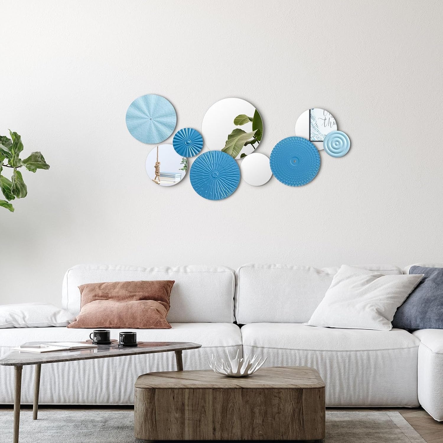 9 Pcs Blue Mirror Wall Decor Metal round Home Art Decor Decorative Modern Circle Mirror Wall Art Sculpture Hanging Decorations for Home Living Room Office