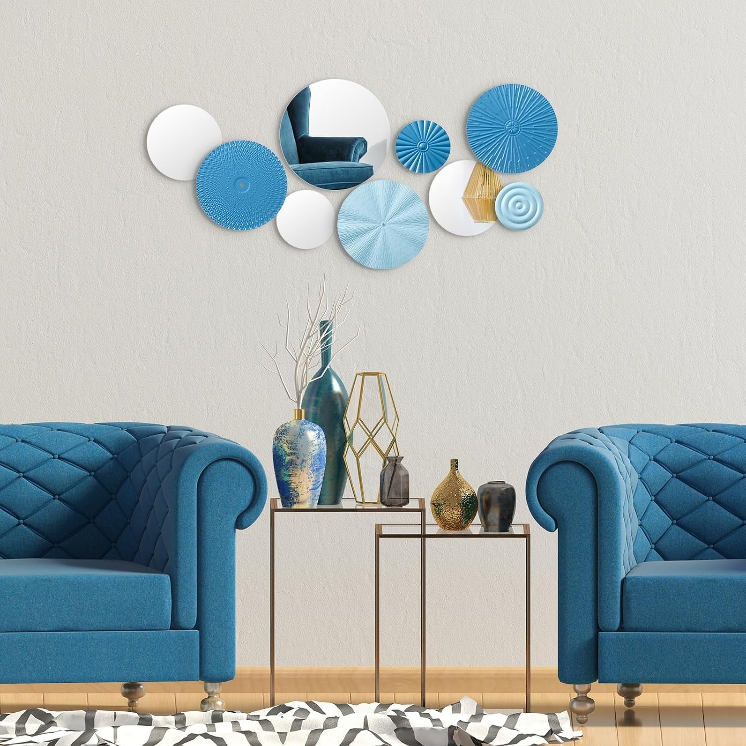 9 Pcs Blue Mirror Wall Decor Metal round Home Art Decor Decorative Modern Circle Mirror Wall Art Sculpture Hanging Decorations for Home Living Room Office