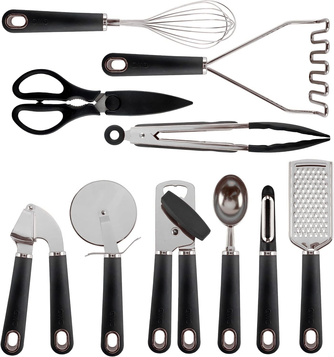 Kitchen Gadget Set Stainless Steel Utensils with Soft Touch Handles, 7 Pieces, Stainless Steel Black