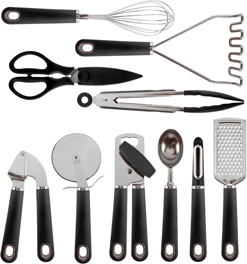 Kitchen Gadget Set Stainless Steel Utensils with Soft Touch Handles, 7 Pieces, Stainless Steel Black