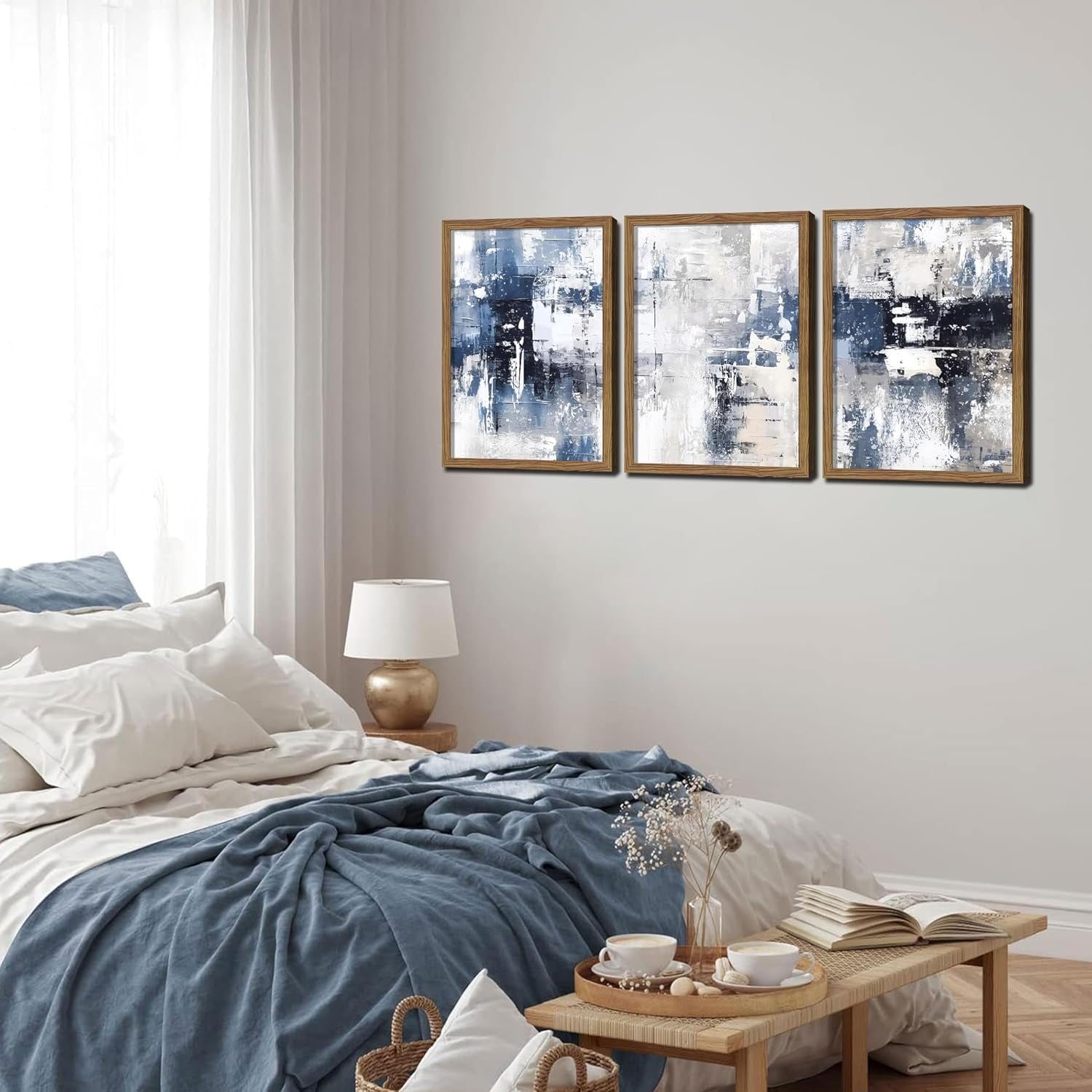 Blue Abstract Wall Art Set of 3, White and Blue Abstract Canvas Wall Decor Paintings, Modern Neutral Minimalist Posters Prints Pictures for Living Room Bedroom Office Home Decor 16X24 Inch Wood Framed