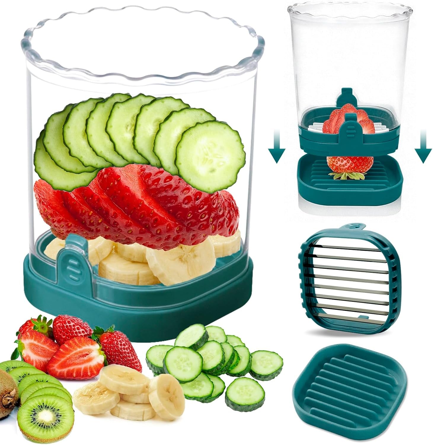 Fruit Slicer Cup - Stainless Steel Strawberry Slicer with Push Plate, Detachable Egg Banana Grape Cutter, Dishwasher Safe Multifunctional Kitchen Gadget for Fruit Salad Cake (Dark Teal)