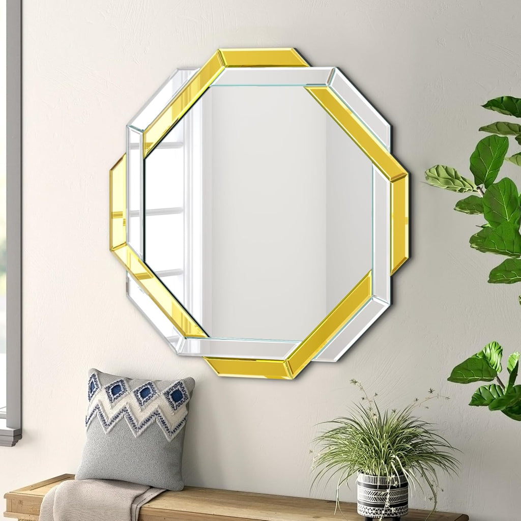 Gold Bathroom Mirror-20”X20” Helicoid Wall Mirrors Decorative,Hexagon Beveled Edge Frameless Mirror for Wall Bathroom, Vanity Room, Bedroom, Living Room and Enterway