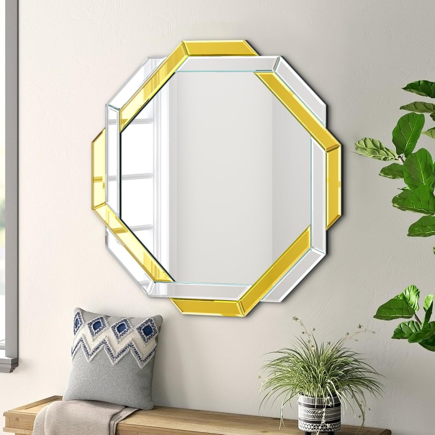 Gold Bathroom Mirror-20”X20” Helicoid Wall Mirrors Decorative,Hexagon Beveled Edge Frameless Mirror for Wall Bathroom, Vanity Room, Bedroom, Living Room and Enterway