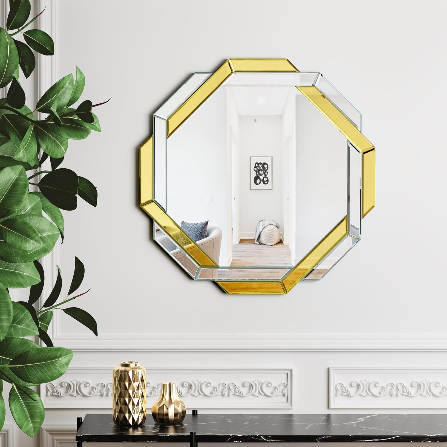 Gold Bathroom Mirror-20”X20” Helicoid Wall Mirrors Decorative,Hexagon Beveled Edge Frameless Mirror for Wall Bathroom, Vanity Room, Bedroom, Living Room and Enterway
