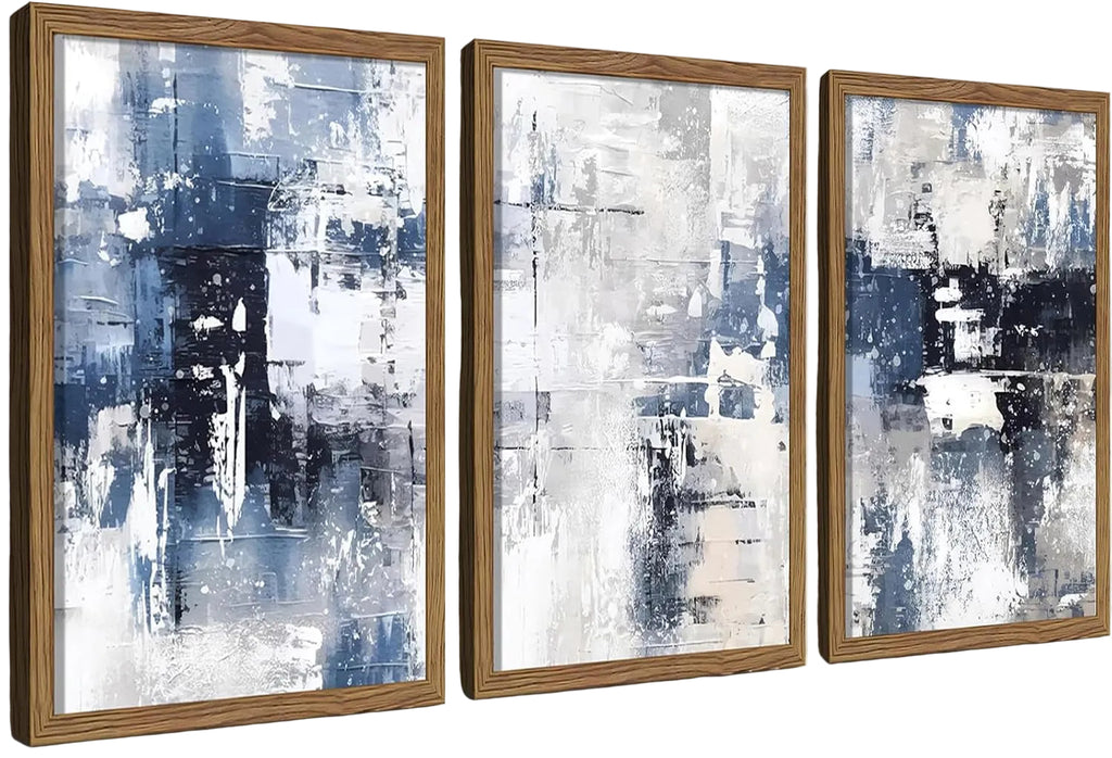 Blue Abstract Wall Art Set of 3, White and Blue Abstract Canvas Wall Decor Paintings, Modern Neutral Minimalist Posters Prints Pictures for Living Room Bedroom Office Home Decor 16X24 Inch Wood Framed